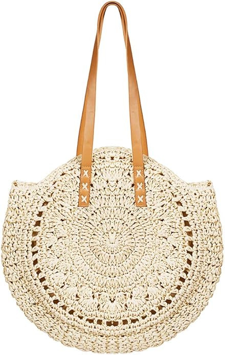 Round Straw Bag Large Woven Summer Beach Tote Handbags Handle Shoulder Bag for Women Vacation | Amazon (US)