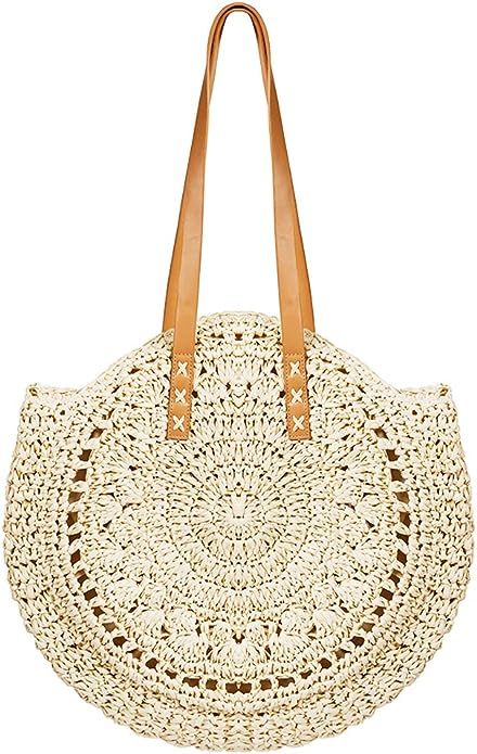 Round Straw Bag Large Woven Summer Beach Tote Handbags Handle Shoulder Bag for Women Vacation | Amazon (US)