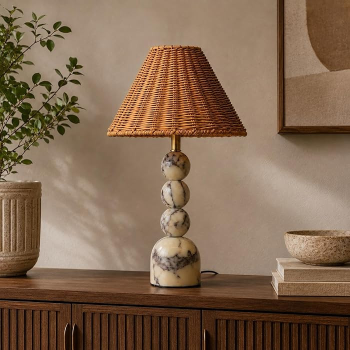 Calacatta Viola Marble Table Lamp with Rattan Shade, Stacked Ball Design | Amazon (US)