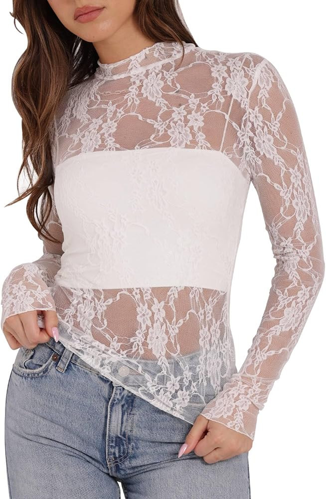 OFEEFAN Womens Long Sleeve Mesh Top See Through Mock Neck Sheer Blouses | Amazon (US)