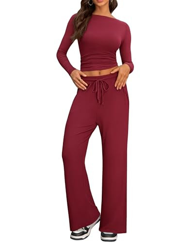 IEEILULU Cozy 2 Piece Lounge Sets for Women, Side Ruched Long Sleeve Top & Wide Leg Pants Casual Matching Tracksuit for Home & Travel (Burgundy, L) | Amazon (US)