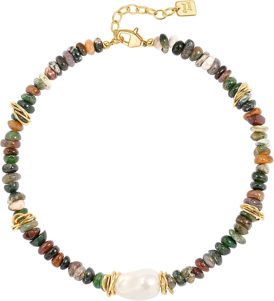 Chunky Statement Stone Beaded Necklace, Big Baroque Pearl Gold Choker, Trendy Boho Colorful Stone... | Amazon (US)
