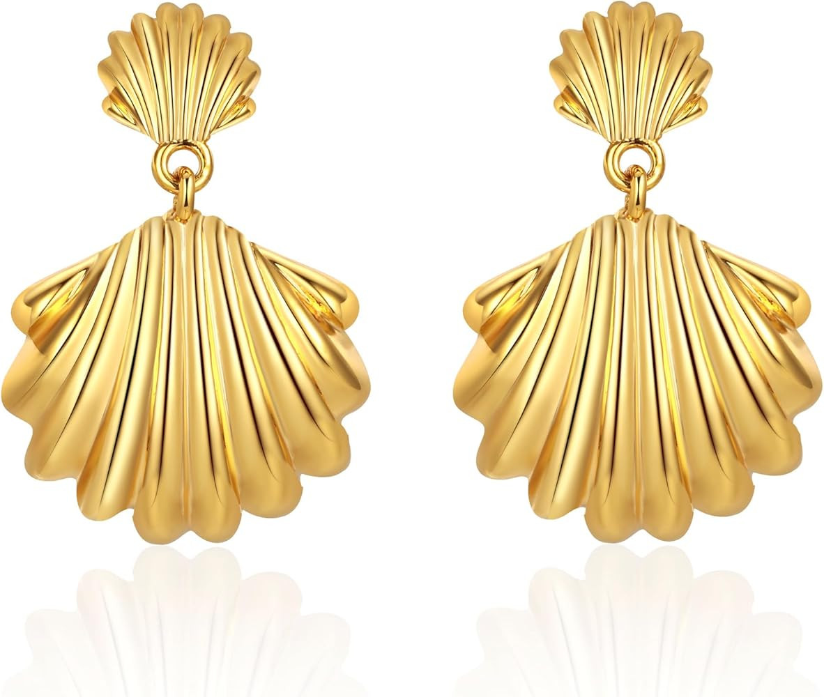 WOWORAMA Gold Statement Earrings for Women Gold Seashell Flower Earrings Boho Textured Ocean Wave... | Amazon (US)