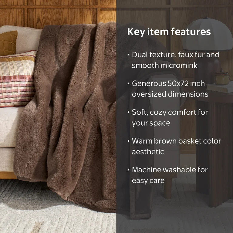 Better Homes & Gardens Brown Basket Faux Fur Oversized Throw, 50 in x 72 in | Walmart (US)