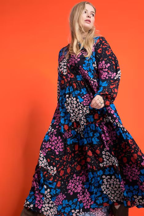 Tiered Mixed Floral Long Sleeve Maxi Dress | Ulla Popken