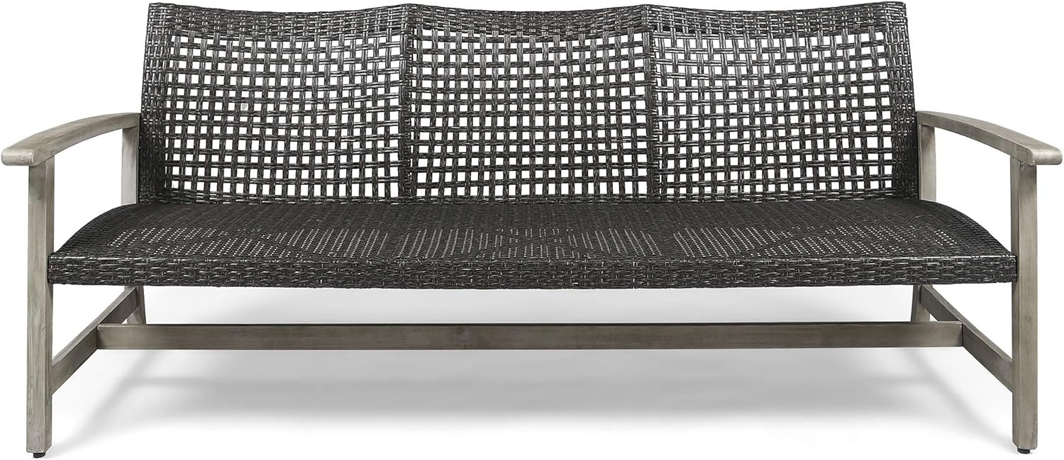 Great Deal Furniture Marcia Outdoor Wood and Wicker Sofa, Light Gray Finish with Mix Black Wicker | Amazon (US)