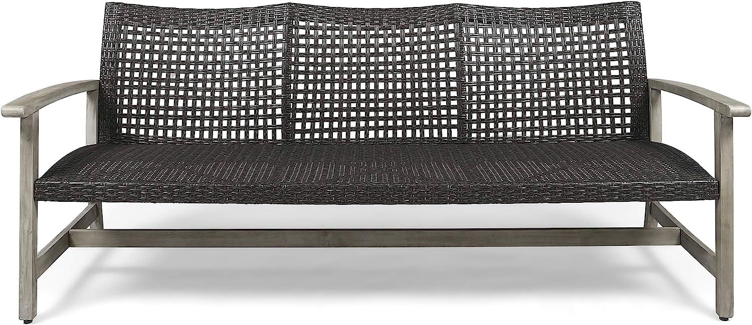 Great Deal Furniture Marcia Outdoor Wood and Wicker Sofa, Light Gray Finish with Mix Black Wicker | Amazon (US)