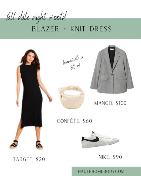 Fall date night outfit idea - pair a simple knit or sweater dress with a plaid blazer and sneakers 

Checked blazer, blazer outfit, blazer outfit ideas, cute fall outfit, houndstooth, houndstooth blazer, knit dress, black and white outfit

#LTKSeasonal #LTKunder100 #LTKitbag
