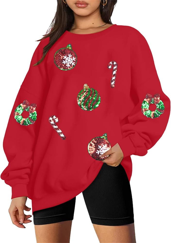 JINTING Sequined Christmas Sweatshirt Women Xmas Graphic Pullover Sweatshirt Oversized Striped To... | Amazon (US)