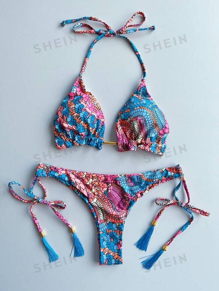 Printed Fringed Bikini Set | SHEIN