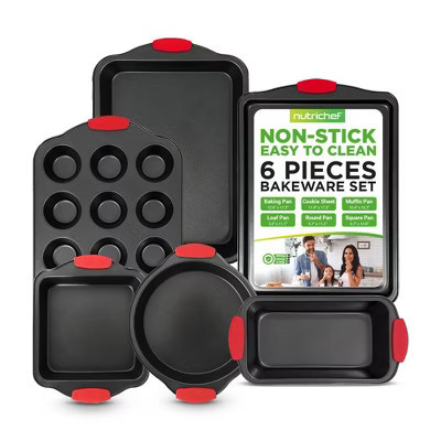 NutriChef Kitchen Oven Baking Pans - Deluxe Nonstick Coating with Red Silicone Handles (6-Piece Carbon Steel Bakeware Set) | Target