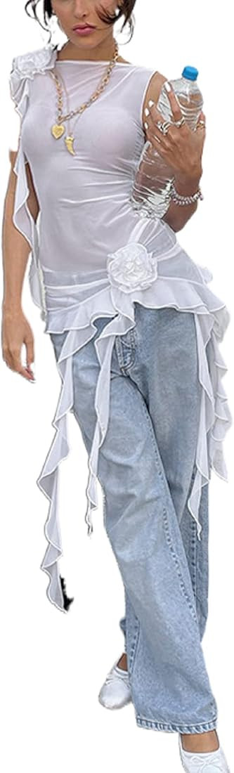 KMBANGI Women Sexy Ruffles Tube Dress Bodycon Floral Tassels Frill Mesh Long Dress Split Ruched S... | Amazon (US)