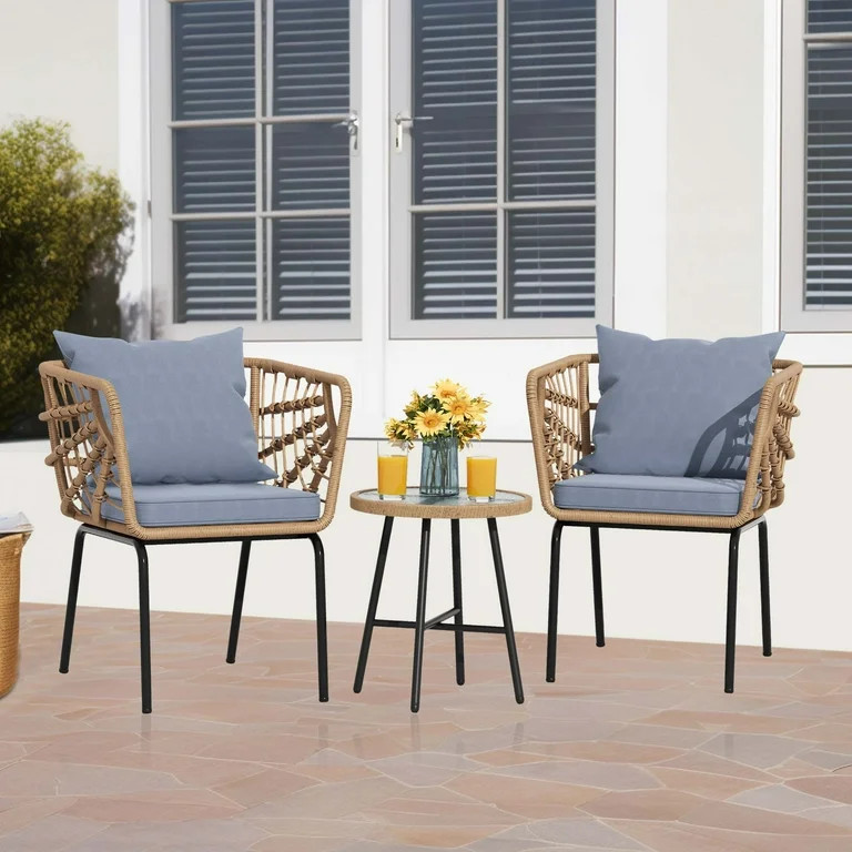 Dextrus 3 Pieces Patio Bistro Furniture Set, Outdoor 2 Wicker Sofas Rattan Chairs With Gray Cushi... | Walmart (US)