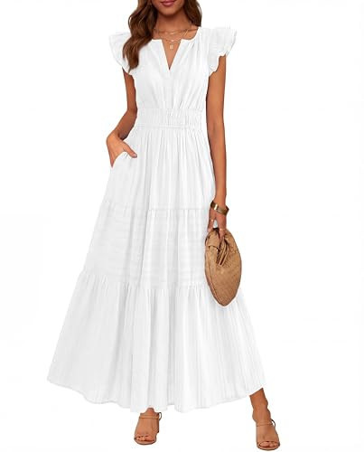 BTFBM Womens Summer Maxi Dress 2026 Spring Boho Vacation Ruffle Flutter Short Sleeve A Line Tiered Flowy Dresses Pockets(White, Small) | Amazon (US)