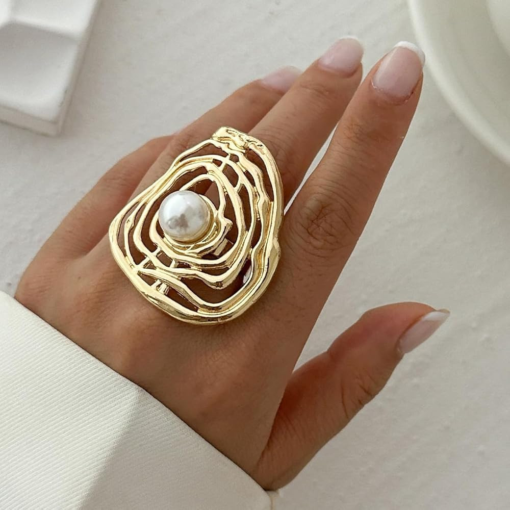 Ladies Chunky Gold Flower Ring for Women Pearl Hollow Creative Statement Jewry Gift | Amazon (US)