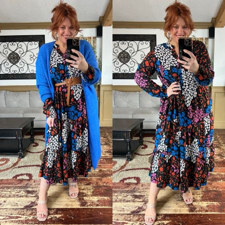 Size 12/14 in flowy midi dress and long cardigan sweater- use code 2024nicole25 for 25% off too! 
Winter outfit, spring dress, floral dress, teacher outfit 

#LTKplussize #LTKfindsunder100 #LTKover40