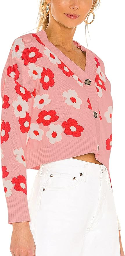 Meladyan Women’s Flower Knit Loose Cardigan Button Long Sleeve V Neck Crop Sweater Cardigan Top... | Amazon (US)