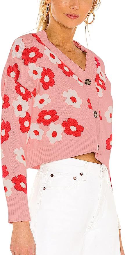 Meladyan Women’s Flower Knit Loose Cardigan Button Long Sleeve V Neck Crop Sweater Cardigan Top... | Amazon (US)