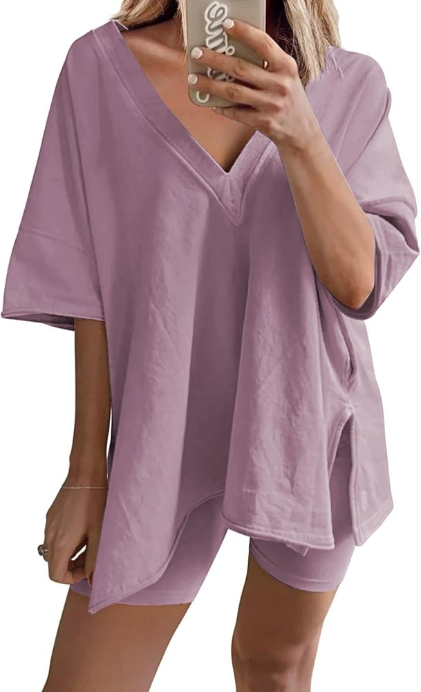 2 Piece Outfits for Women Reversible Oversized T Shirt Biker Shorts Sets Workout Tracksuit(Dustyp... | Amazon (US)