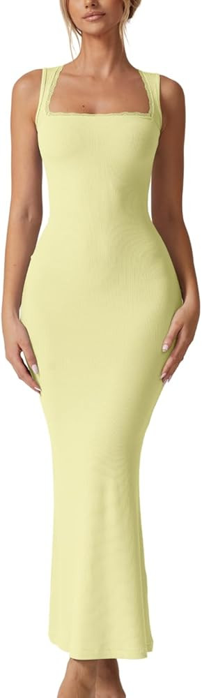 QINSEN Women's Square Neck with Lace Detail Long Maxi Dress Sleeveless Lounge Ribbed Full Length ... | Amazon (US)