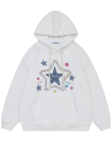 Aelfric Eden Womens Oversized Hoodies Star Graphic Fleece Hooded Streetwear Unisex Sweatshirts Pullover with Pocket White | Amazon (US)