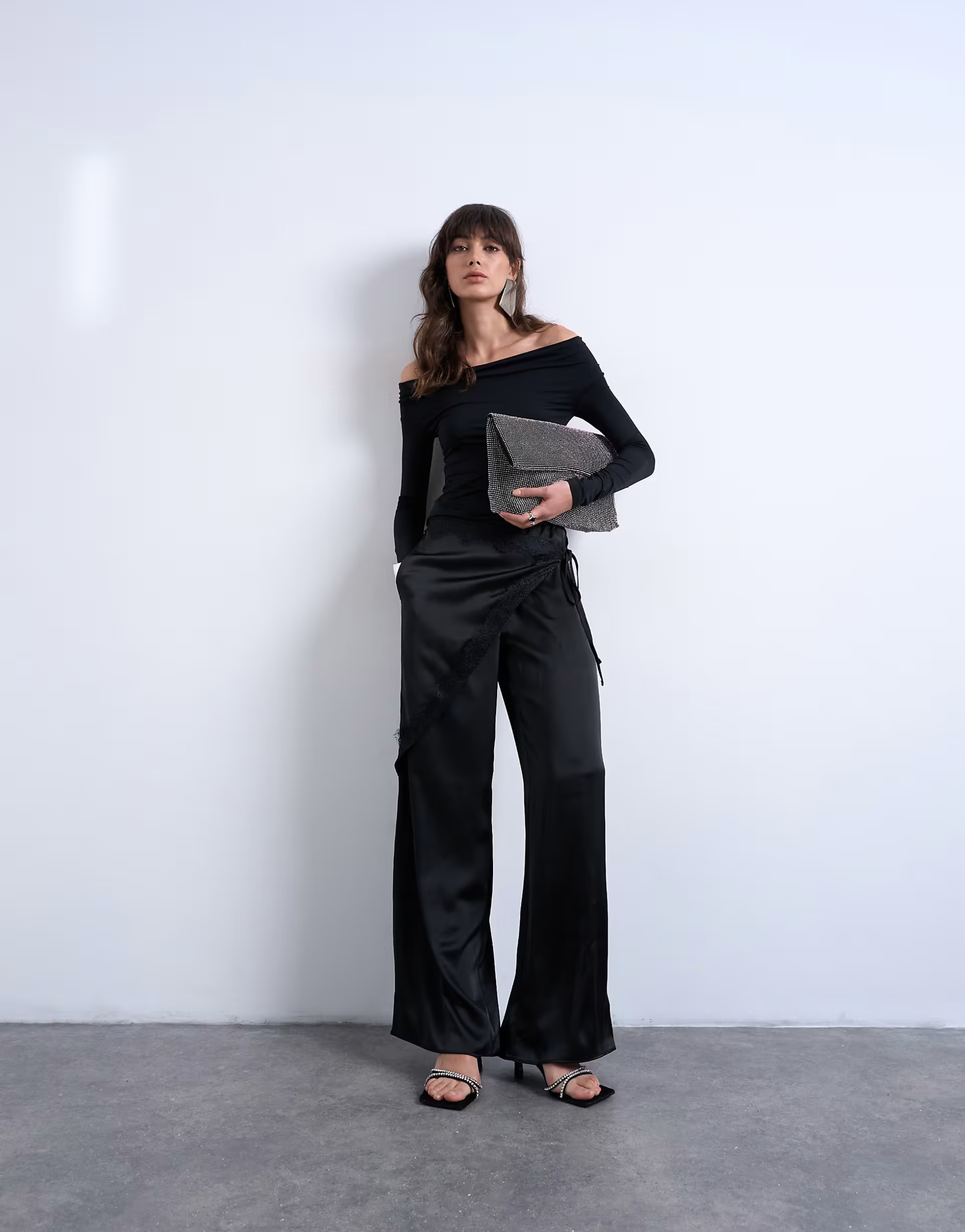 Topshop satin wrap around with lace wide leg trouser in black | ASOS (Global)