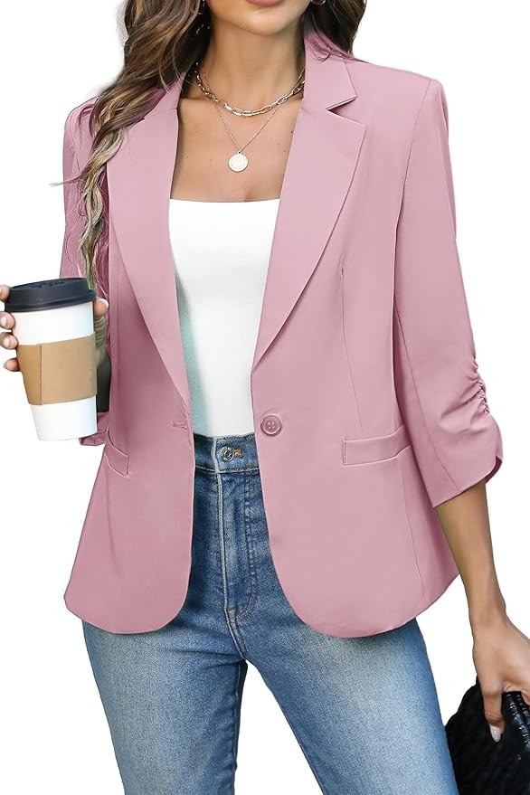 ELLEVEN Women's Ruched 3/4 Sleeve Blazers, Lightweight Slim Fit Jackets with Padded Shoulder for ... | Amazon (US)