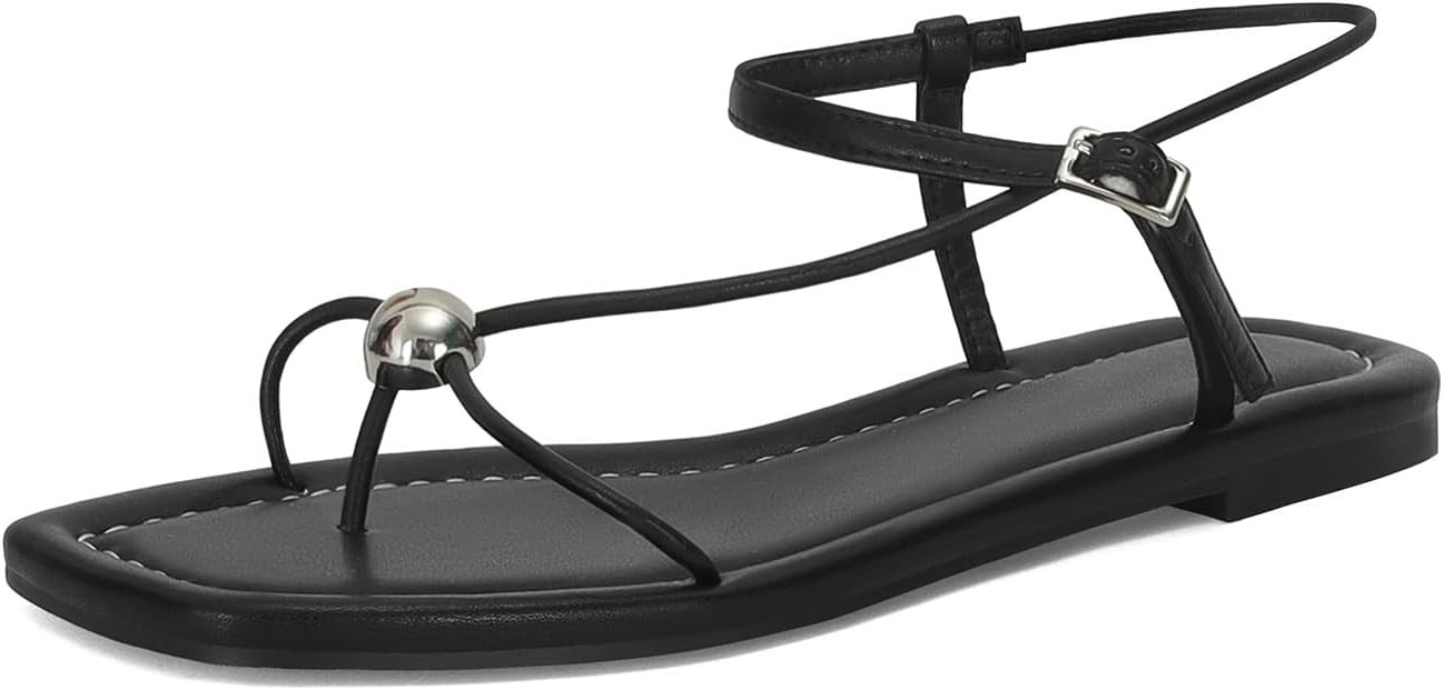 Strappy Flat Sandals for Women Comfortable Open Square Toe Sandals Dressy Beach Thong Flip Flop S... | Amazon (US)