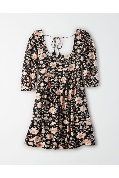 AE Printed Puff Sleeve Babydoll Dress Women's Black L | American Eagle Outfitters (US & CA)