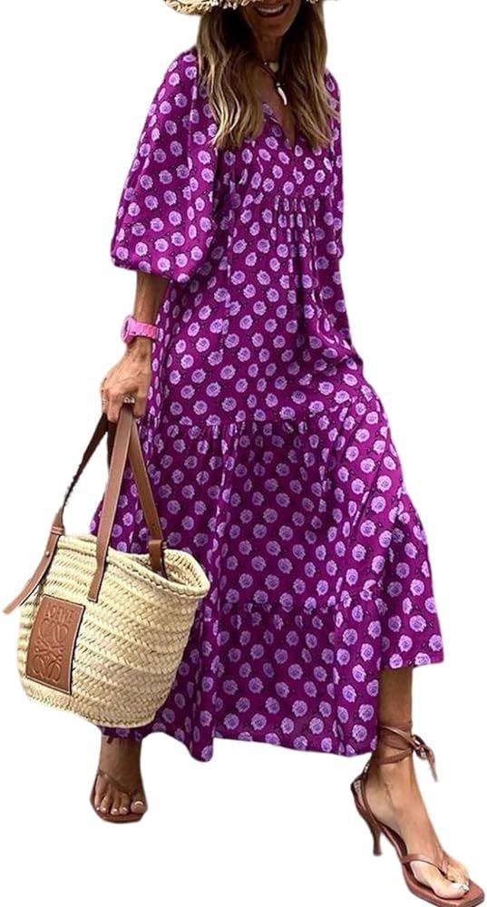 Dokotoo Women Boho Maxi Dresses 2024 V Neck Puff Long Sleeve Smocked Ruffle Flowy Casual Dress | Amazon (CA)