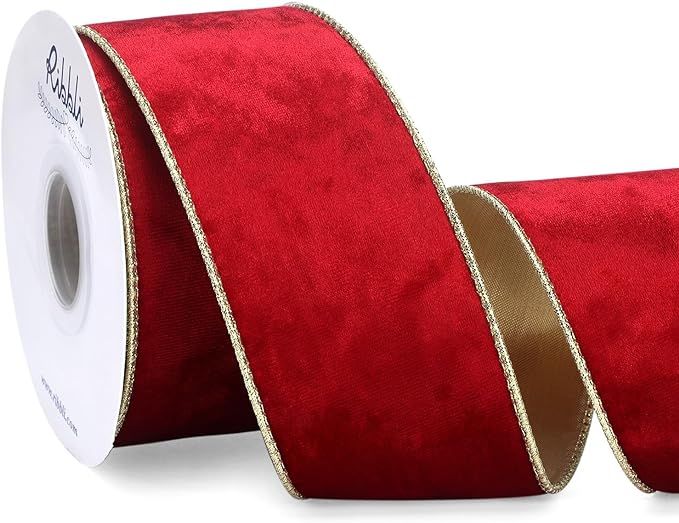 Ribbli Red Velvet Wired Ribbon 2.5 Inch Metallic Red Gold Crushed Velvet Christmas Ribbon for Gif... | Amazon (US)