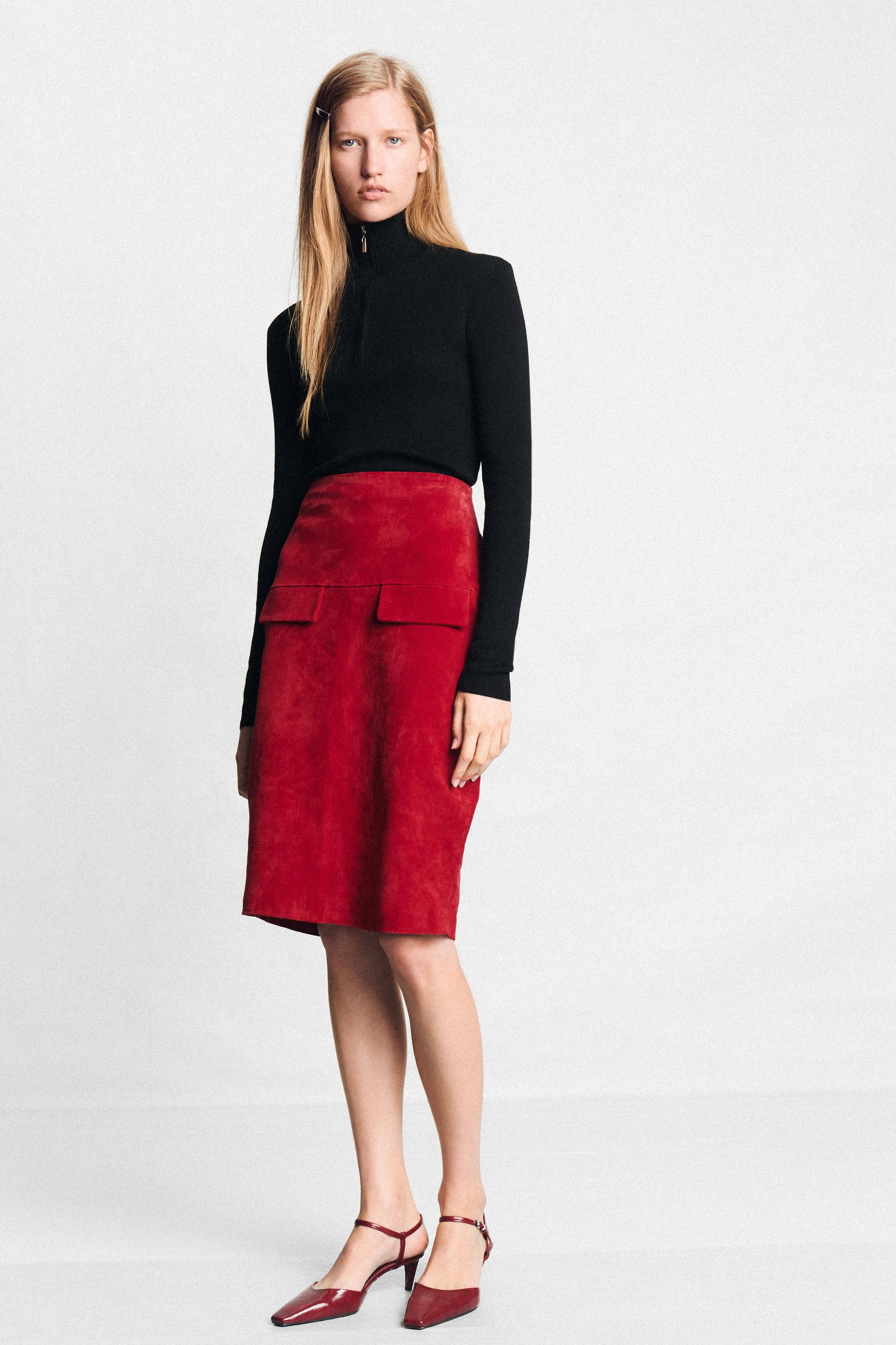 Zara - 100% Leather Midi Skirt - Bright Red - S - Woman | Zara US