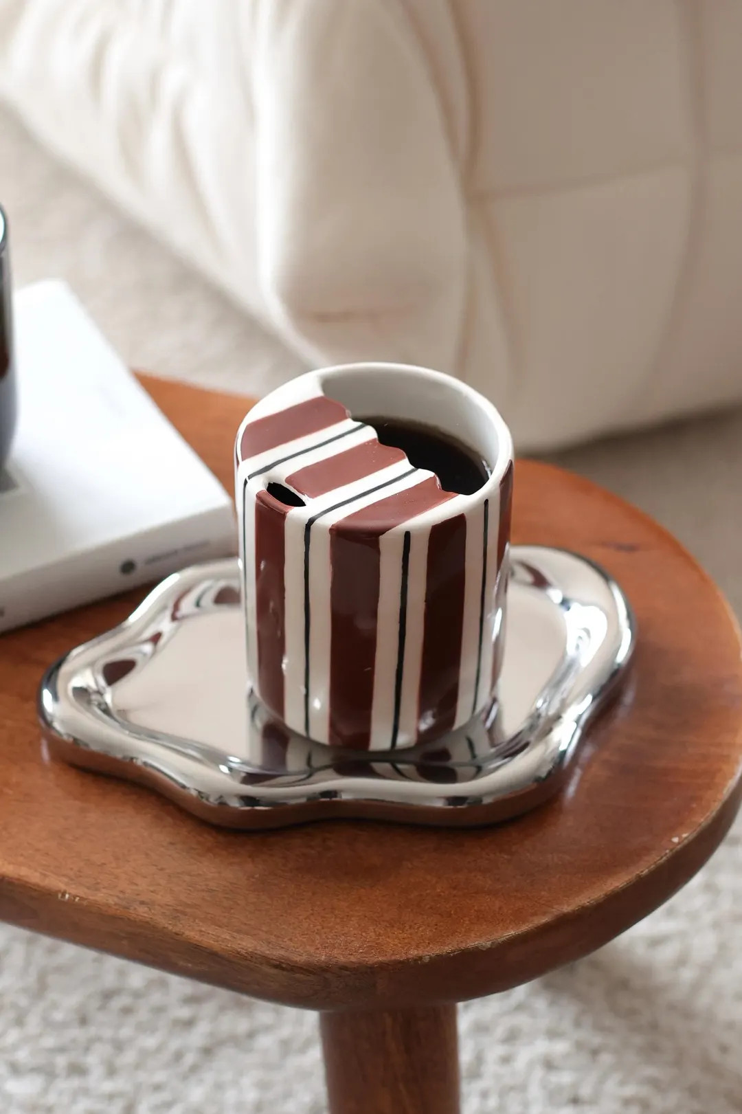 Contemporary Striped Stoneware Tumbler, Brown Pottery Mug, Travel To-go Cup, Rustic Sip Mug, Mini... | Etsy (US)