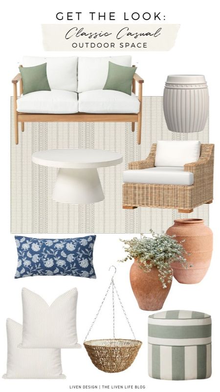 Outdoor patio space. Patio decor. Outdoor pillows. Wicker patio lounge chair. Outdoor sofa loveseat. Wood patio sofa. Outdoor neutral rug. Outdoor white coffee table. Outdoor ceramic white side table. Garden stool. Outdoor ottoman pouf. Cabana striped. Outdoor terracotta planter pots. Sage green pillow. Floral lumbar Outdoor pillow. Outdoor woven hanging planter

#LTKSeasonal #LTKhome #LTKstyletip