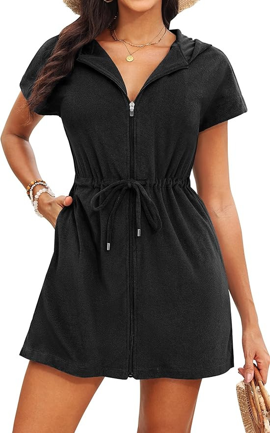 Yonique Terry Cloth Cover Ups - Hooded Cotton Swim Sun Cover-up with Zipper Pockets Beach Swimsui... | Amazon (US)