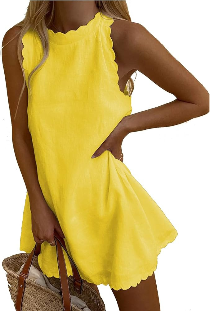 Women Sleeveless Tank Dress Halter Scallop 2023 Summer Dresses Back Zipper Linen Casual Beach Sun... | Amazon (US)