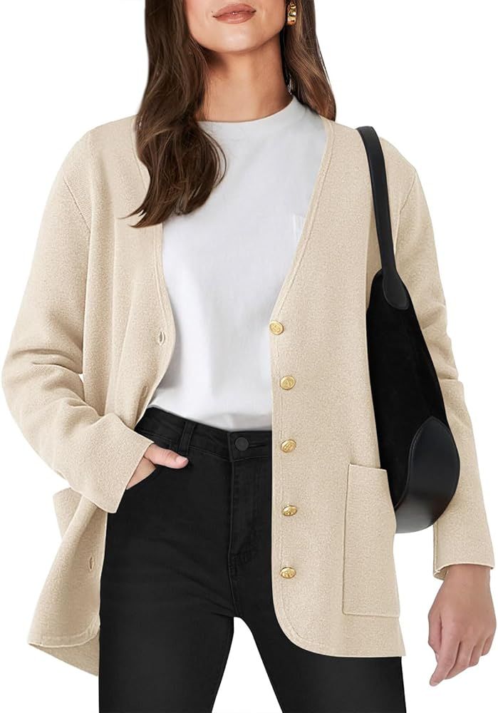 ANRABESS Women Casual Long Sleeve V Neck Button Down Cardigan Sweater Blazer | Amazon (US)