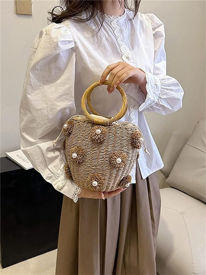 Summer Straw Bag for Women Pearl Flower Bucket Tote Bag Diamond Handbag Hand Woven Rattan Shell P... | Amazon (US)