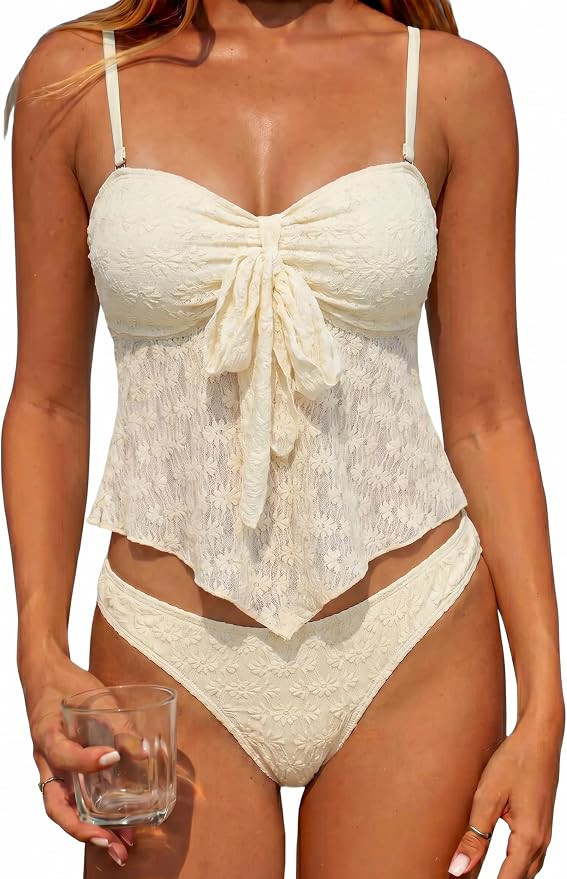 ZAFUL Tankini Swimsuits for Women Tie Front Ruffles Tummy Control Swimsuit | Lace Textured Fabric... | Amazon (US)