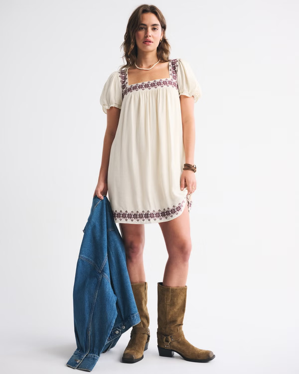 Women's Puff Sleeve Babydoll Mini Dress | Women's New Arrivals | Abercrombie.com | Abercrombie & Fitch (US)