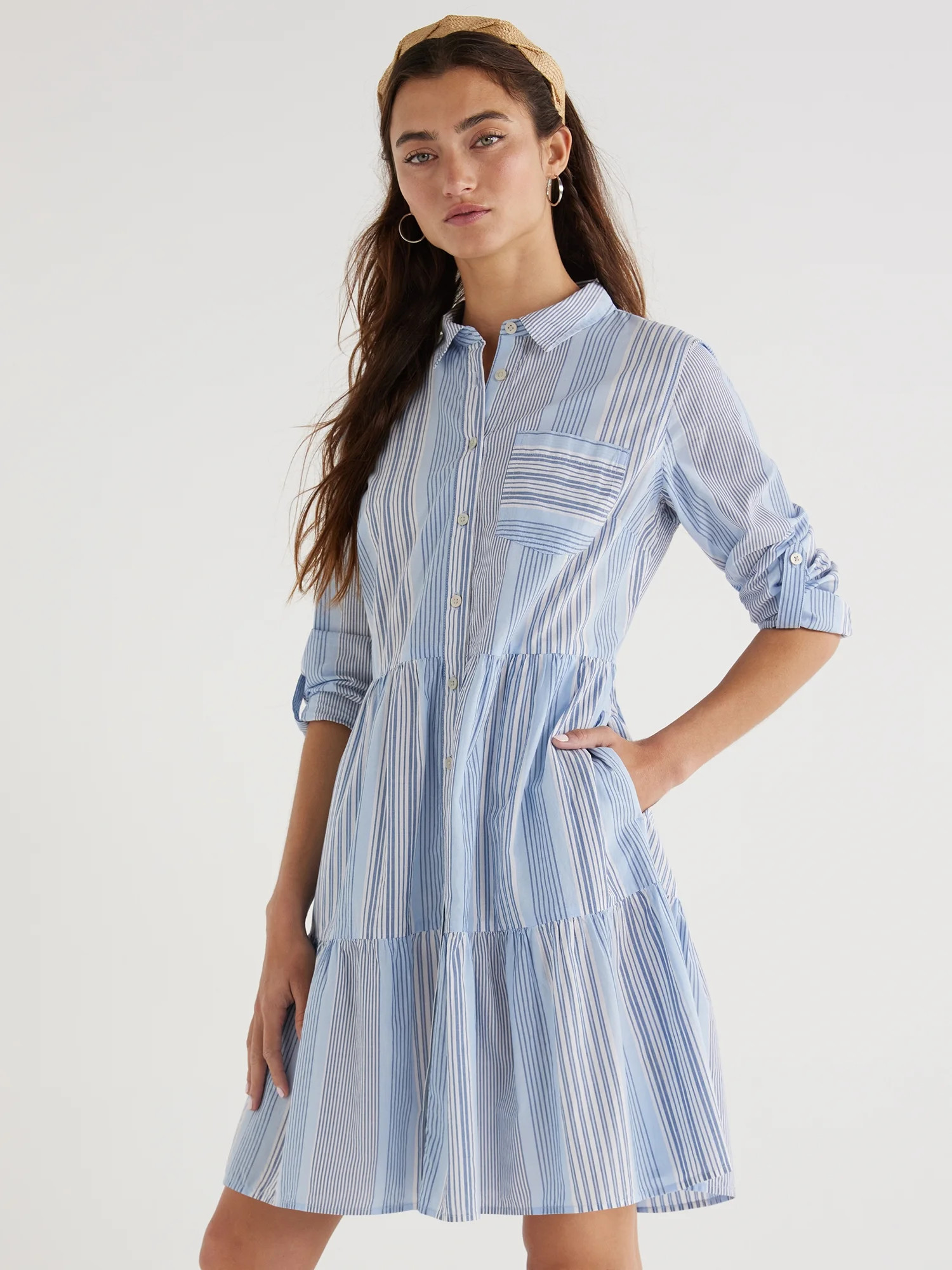 Time and Tru Women's Mini Shirt Dress with Long Sleeves, Sizes XS-3XL | Walmart (US)