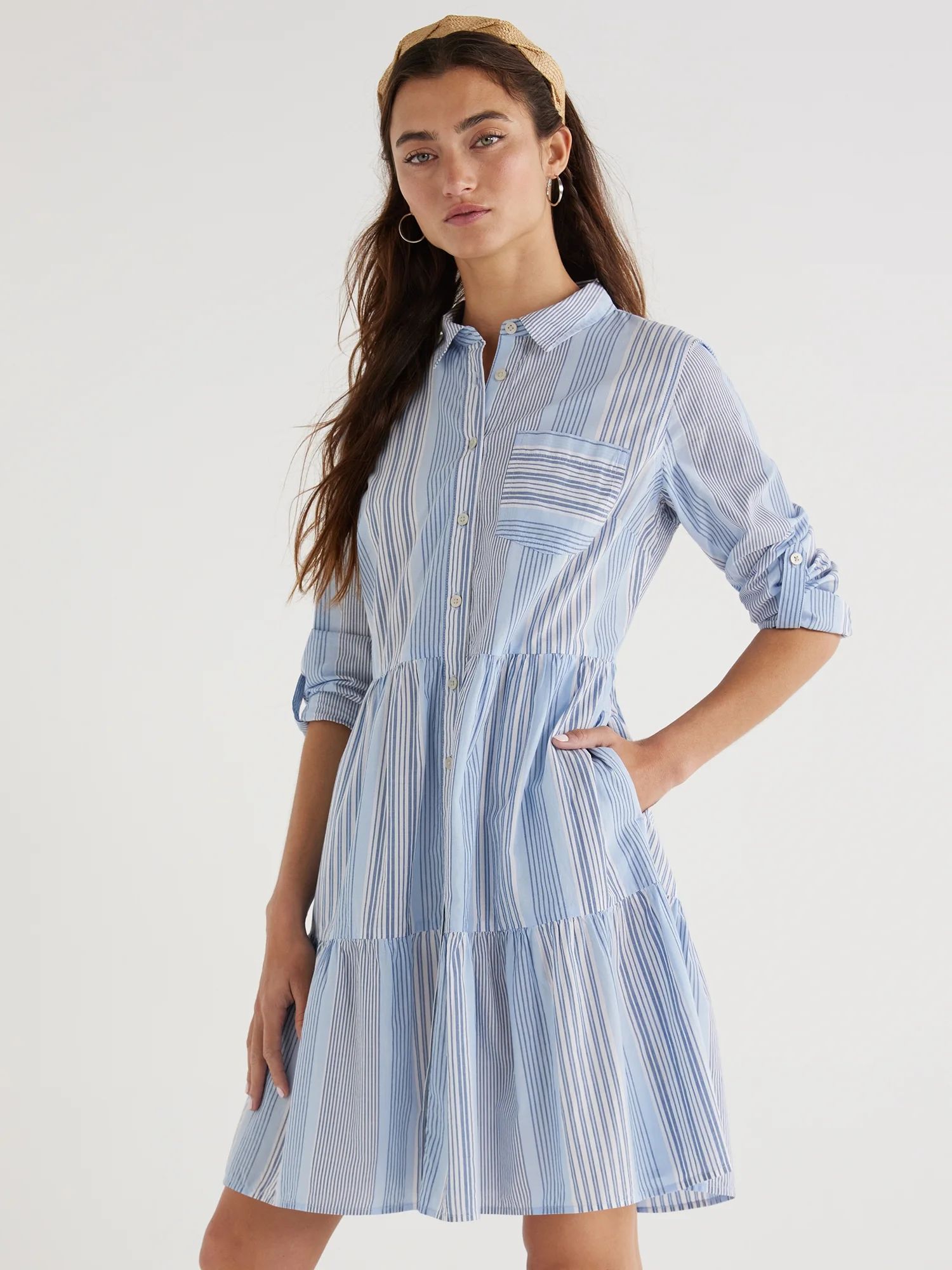 Time and Tru Women's Mini Shirt Dress with Long Sleeves, Sizes XS-3XL - Walmart.com | Walmart (US)