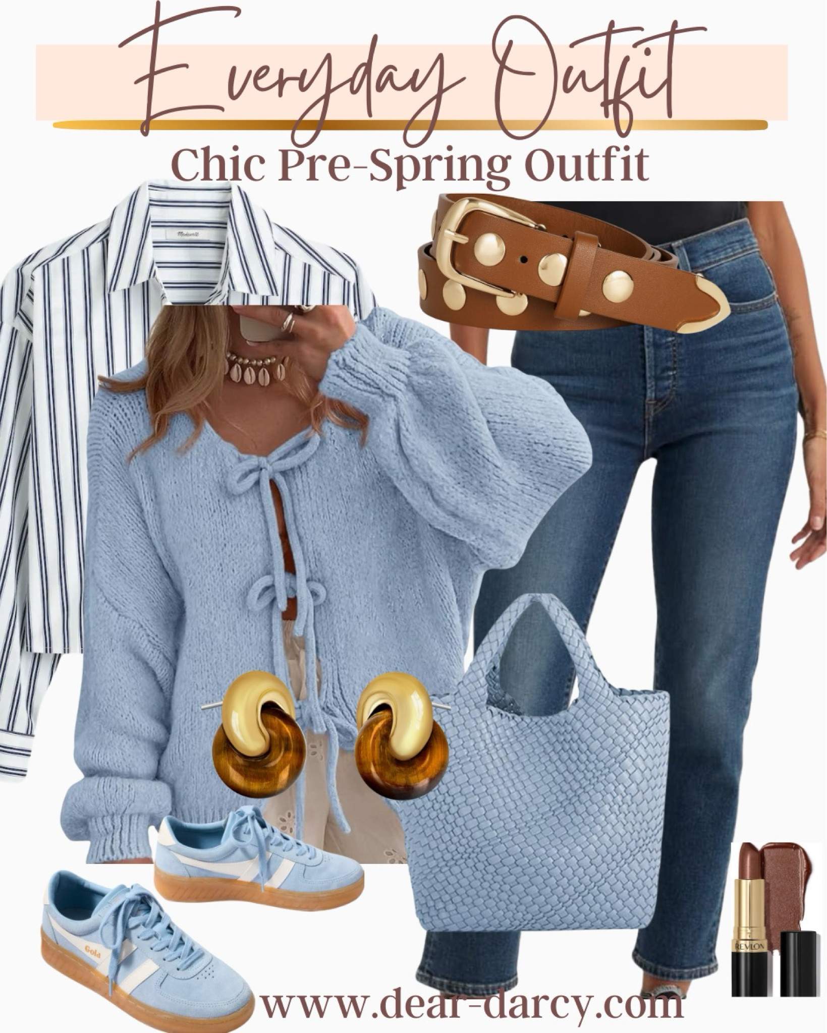 Samson finds 
Everyday outfit inspiration 
Chic Pre- Spring Outfit

-Levi jeans dark wash tts

-Studded faux leather belt Amazon  find

-tortures and gold Amazon earrings under $20

- $20 blue suede tennis shoes, fit tts  and comfy 

- pretty blue tie  front bow sweater under $36 fits tts

-blue woven bag  under $60 comes with a  make up bag or clutch

Blue white strip button up shirt made well, cropped and the cutest sleeves a little bit of a splurge but worth it! Fits tts 

- revlon lipstick 💄 


#LTKStyleTip #LTKMostLoved #LTKFindsUnder50