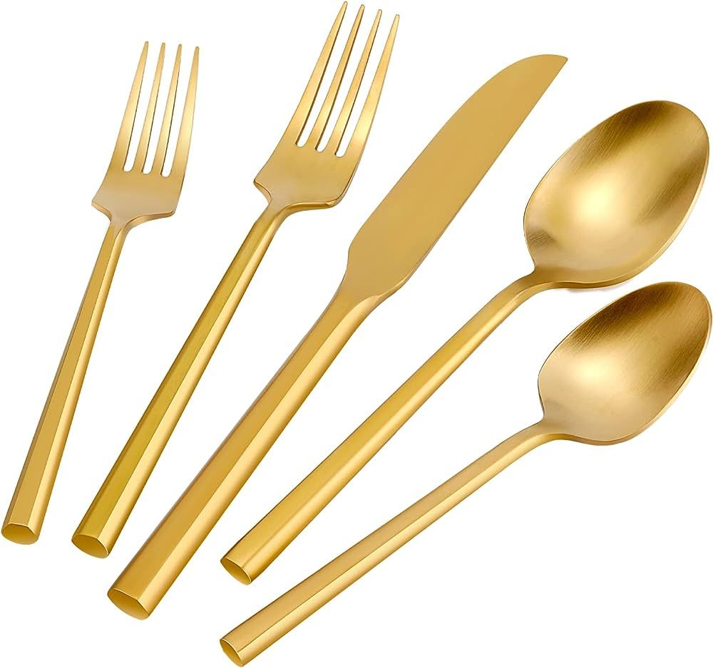 DEACORY Silverware Set Flatware Set Matte Gold Cutlery Set Brushed Brass Heavy Hexagon Handle Sta... | Amazon (US)