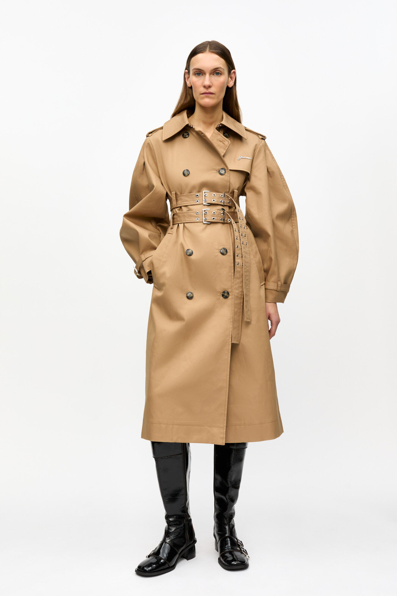 Camel Bonded Cotton Trench Coat | Ganni