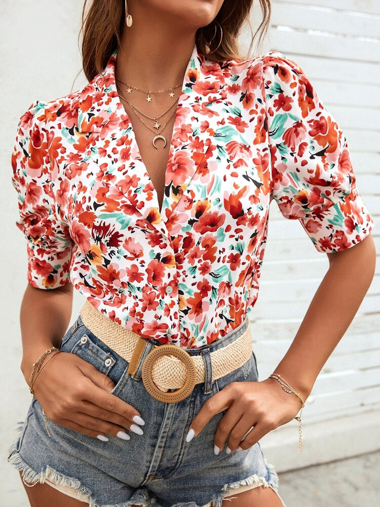 Allover Floral Print Puff Sleeve Blouse | SHEIN