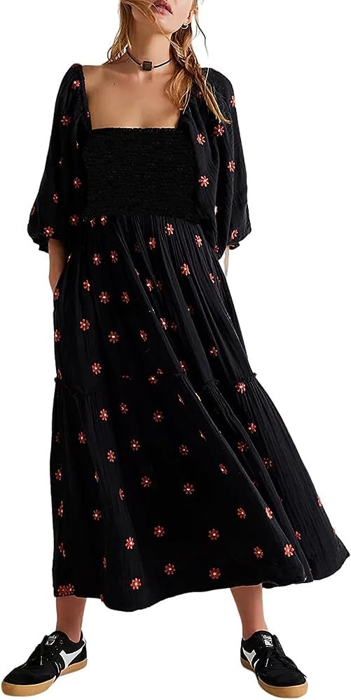 Womens Puff Sleeve Dress Cottagecore Floral Print Flowy Square Neck Maxi Dresses Smocked Tiered Ruff | Amazon (US)