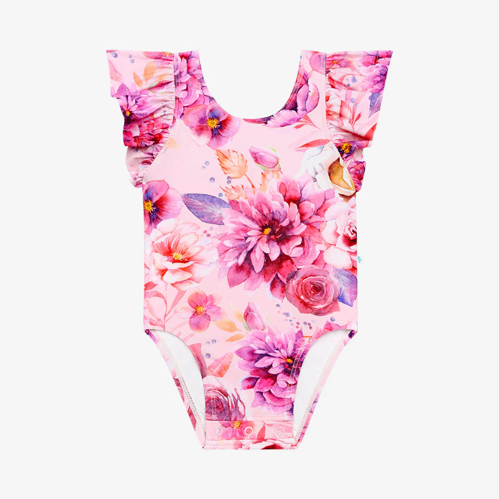 Floral Pink Baby Ruffled Cap Sleeve Swimsuit | Amira | Posh Peanut