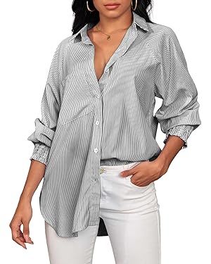 SELINK Women's Button Down Shirts Casual Long Sleeve Oversized Blouse Smocked Cuffed Striped Boyf... | Amazon (US)