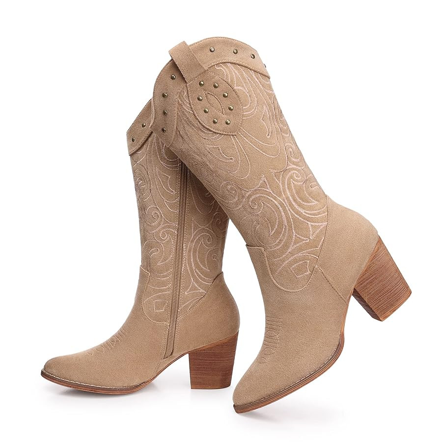 SHIBEVER Cowboy Cowgirl Boots for Women: Wide Calf Western Pointed Toe Chunky Heel Suede Embroide... | Amazon (US)